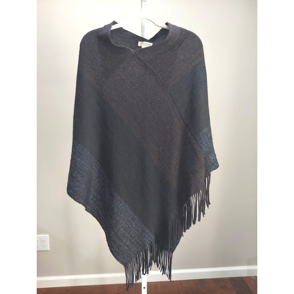Ace Fashion Plus One Size Black Metallic Knit Fringe Poncho Wrap Shawl